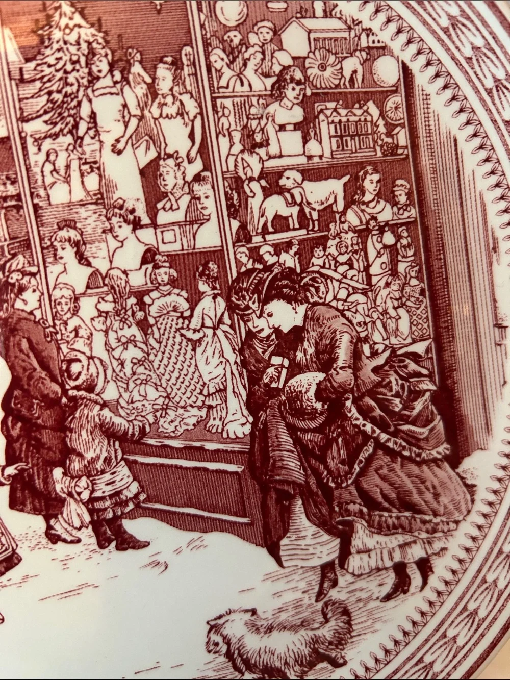 Spode Red Transferware St. Nick Holiday Window Scene Plate
